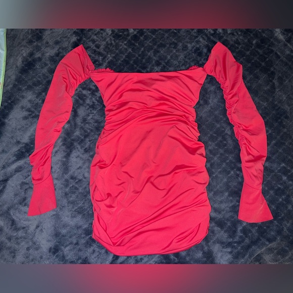 SHEIN Off Shoulder Backless Flounce Sleeve Ruched Bodycon Dress Hot Pink Medium - Picture 3 of 6